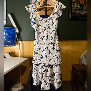 Ralph Lauren Navy and White Floral High Low Layered Short sleeve Dress